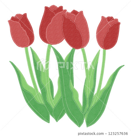 Illustration of red tulips in a patch style with stitches 123257636