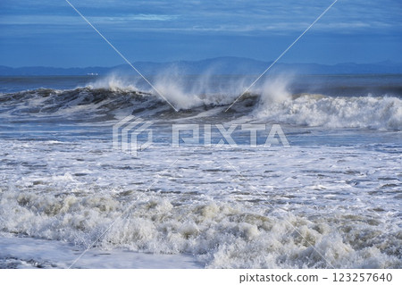 Rough waves crashing on Nobiru Coast in Higashimatsushima City in autumn 123257640