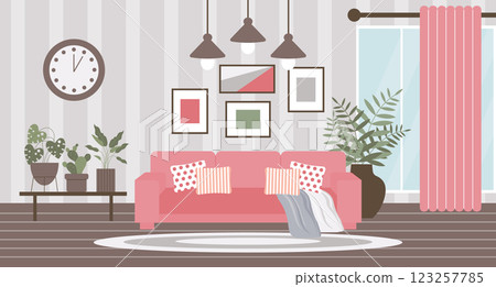 Living room interior with sofa, wall clock, house plants, window and picture frames. Modern design, flat style illustration. Living room interior with sofa, wall clock, house plants, window and picture frames. Modern design, flat style illustration. 123257785