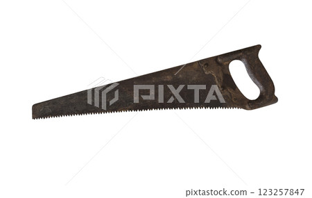 Hand tool. Hacksaw on wood, white background Hand tool. Hacksaw on wood, white background 123257847