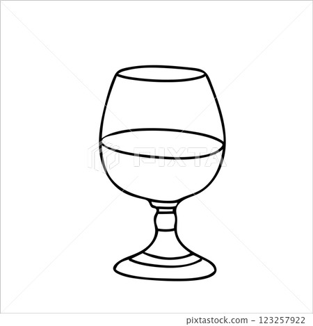 Brandy or Cognac Glass. Hand drawn Vector illustration in Doodle style isolated on a white background. A simple minimalist Black and white illustration. Perfect for use in menu design, logos, and 123257922