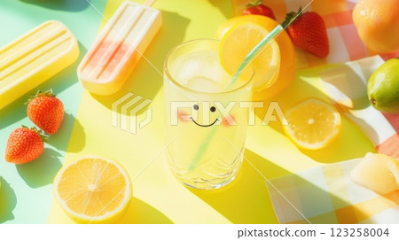 A cheerful glass with a smiley face holds refreshing lemonade. Surrounding it are bright fruits like lemons, strawberries, and lime, along with colorful popsicles. The vibrant colors create a fun A cheerful glass with a smiley face holds refreshing lemonade. Surrounding it are bright fruits like lemons, strawberries, and lime, along with colorful popsicles. The vibrant colors create a fun 123258004
