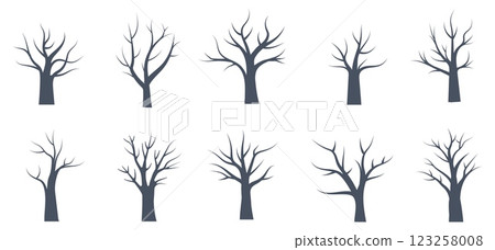 Collection of vector illustrations depicting various bare trees in winter with unique branch structures and heights 123258008