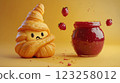 A whimsical croissant character with a sad expression sits beside a jar of red jam. The background is a vibrant yellow, enhancing the playful theme of breakfast treats. 123258012