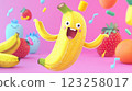 A cheerful cartoon banana character dances joyfully against a vibrant pink background. Surrounding fruits include strawberries and oranges. The image conveys a playful and fun theme. 123258017