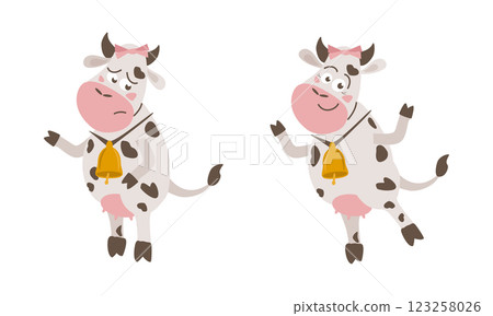Sad and happy cartoon cows with bell on neck Sad and happy cartoon cows with bell on neck 123258026