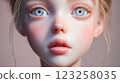 A close-up of a stylized anime character with large blue eyes, pale skin, and soft features. The character has long blonde hair styled in loose waves, emphasizing a serene expression. 123258035