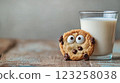 A playful chocolate chip cookie with googly eyes sits beside a glass of milk 123258038
