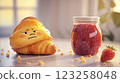 A croissant with a facial expression sits next to a jar of strawberry jam and a fresh strawberry. The scene is bright and colorful, featuring cozy kitchen vibes. 123258048