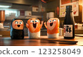Three cartoon sushi characters with expressive faces, excitedly celebrating together in a cozy sushi restaurant. A bottle of soy sauce and chopsticks are present on the table. 123258049