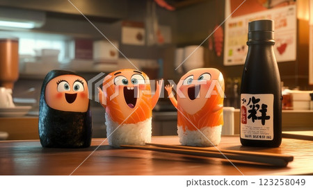 Three cartoon sushi characters with expressive faces, excitedly celebrating together in a cozy sushi restaurant. A bottle of soy sauce and chopsticks are present on the table. Three cartoon sushi characters with expressive faces, excitedly celebrating together in a cozy sushi restaurant. A bottle of soy sauce and chopsticks are present on the table. 123258049
