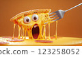 A playful slice of pizza with large cartoonish eyes and an open mouth, dripping with melted cheese. The background is a warm orange color, enhancing the food theme. 123258052