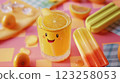 A cheerful, vibrant scene featuring a cartoonish lemonade drink with a smiling face. Bright orange color dominates with popsicles and citrus fruits in the background. 123258053