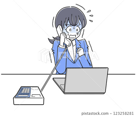 A woman in a suit with telephone phobia answering the phone while feeling scared (simple) 123258281
