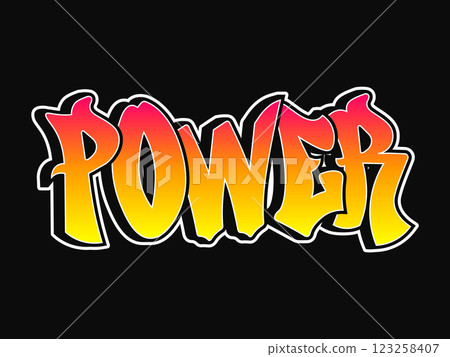 The word Power written in graffiti style typography with a vibrant color gradient and a white outline 123258407