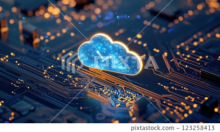 Digital cloud technology with glowing circuit pattern representing data storage and connectivity in modern computing Digital cloud technology with glowing circuit pattern representing data storage and connectivity in modern computing 123258413