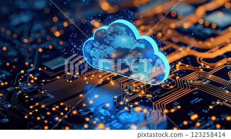 Digital cloud computing technology represents data storage and connectivity on a circuit board 123258414