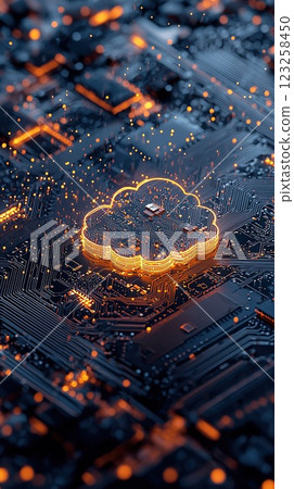 Digital representation of cloud computing with circuit patterns and glowing elements in a futuristic design Digital representation of cloud computing with circuit patterns and glowing elements in a futuristic design 123258450