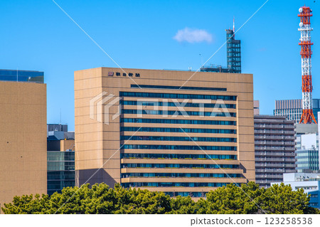 Tokyo cityscape in Japan, overlooking the Asahi Shimbun company. In front of the company lies the former site of Tsukiji Market. 123258538