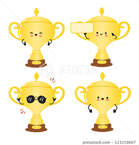 Funny Golden trophy cup characters bundle set. Vector hand drawn doodle style cartoon character illustration icon design. Cute Golden trophy cup mascot character collection 123258607