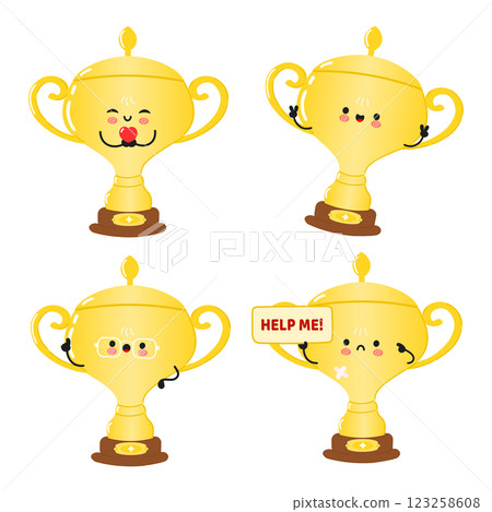 Funny Golden trophy cup characters bundle set. Vector hand drawn doodle style cartoon character illustration icon design. Cute Golden trophy cup mascot character collection Funny Golden trophy cup characters bundle set. Vector hand drawn doodle style cartoon character illustration icon design. Cute Golden trophy cup mascot character collection 123258608
