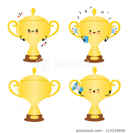Funny Golden trophy cup characters bundle set. Vector hand drawn doodle style cartoon character illustration icon design. Cute Golden trophy cup mascot character collection Funny Golden trophy cup characters bundle set. Vector hand drawn doodle style cartoon character illustration icon design. Cute Golden trophy cup mascot character collection 123258609