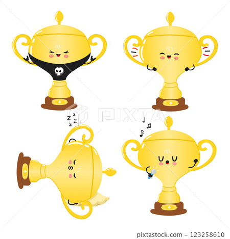 Funny Golden trophy cup characters bundle set. Vector hand drawn doodle style cartoon character illustration icon design. Cute Golden trophy cup mascot character collection Funny Golden trophy cup characters bundle set. Vector hand drawn doodle style cartoon character illustration icon design. Cute Golden trophy cup mascot character collection 123258610