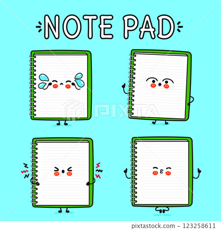 Cute Note pad characters set with playful expressions and actions. Vector hand drawn doodle style cartoon character illustration. Isolated on blue background. Note pad mascot character 123258611