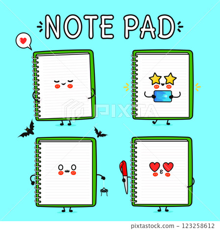 Funny cute happy Note pad characters bundle set. Vector hand drawn doodle style cartoon character illustration. Isolated on blue background. Note pad mascot character collection Funny cute happy Note pad characters bundle set. Vector hand drawn doodle style cartoon character illustration. Isolated on blue background. Note pad mascot character collection 123258612