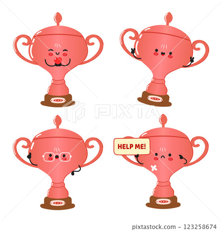 Funny Bronze Trophy Cup Characters Cute Cartoon Trophy Mascot Bundle Set 123258674