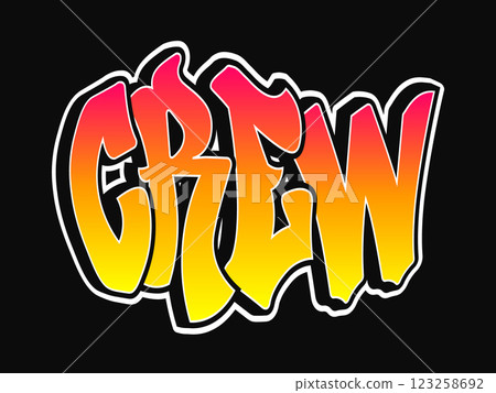 The word Crew written in graffiti style typography with a vibrant color gradient and a white outline The word Crew written in graffiti style typography with a vibrant color gradient and a white outline 123258692