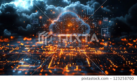 Cloud computing network visualization with glowing data streams and digital elements in a futuristic cityscape 123258700