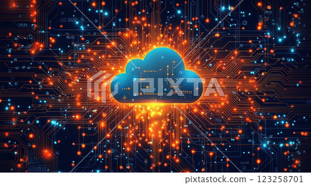 Digital cloud technology background with vibrant circuitry and data flow representations Digital cloud technology background with vibrant circuitry and data flow representations 123258701