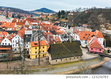 Cesky Krumlov historic center aerial view 123258763