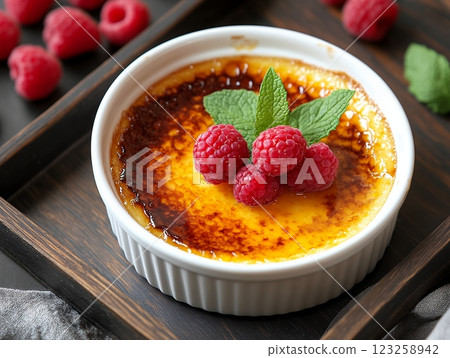 Caramelized creme brulee and raspberry dessert Caramelized creme brulee and raspberry dessert 123258942