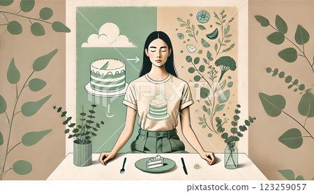 A woman meditates before eating cake, surrounded by natural elements, symbolizing balance between indulgence and health. Generated AI. 123259057