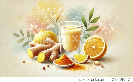 A glass of golden ginger and lemon wellness shot surrounded by fresh ingredients in a warm, glowing atmosphere. Generated AI. 123259067