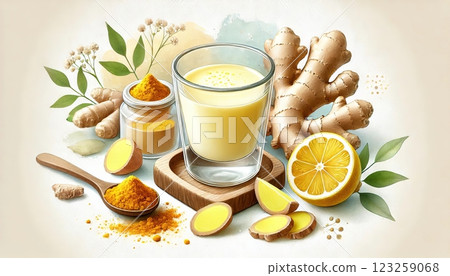 A glass of golden ginger and lemon wellness shot surrounded by fresh ingredients in a warm, glowing atmosphere. Generated AI. 123259068