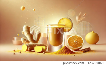 A glass of golden ginger and lemon wellness shot surrounded by fresh ingredients in a warm, glowing atmosphere. Generated AI. 123259069