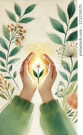 Two hands gently cradle a glowing flower, symbolizing growth, care, and harmony with nature. Generated AI. 123259070