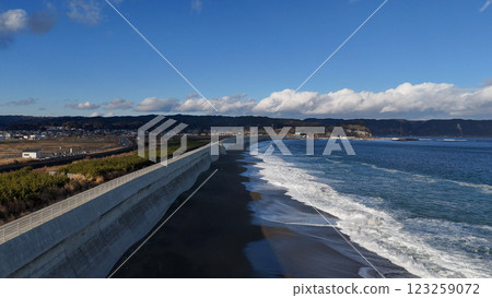 Noda Village, Tofugaura Seawall (aerial view) - Noda Village, Kunohe District, Iwate Prefecture, Japan 123259072