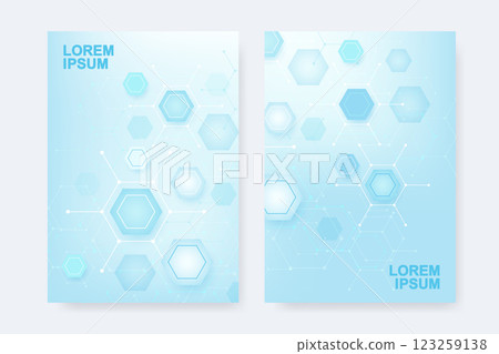 templates for brochure magazine leaflet flyer cover booklet annual report. Modern futuristic hexagonal pattern with particle, molecule structure for medical, technology, chemistry, science. templates for brochure magazine leaflet flyer cover booklet annual report. Modern futuristic hexagonal pattern with particle, molecule structure for medical, technology, chemistry, science. 123259138