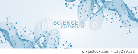 Modern abstract molecules structure for science or medical background. DNA helix or atom visualization. Molecular wave flow abstract background. Vector illustration Modern abstract molecules structure for science or medical background. DNA helix or atom visualization. Molecular wave flow abstract background. Vector illustration 123259158