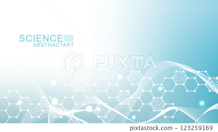 Modern science background with lines, dots and hexagons. Wave flow abstract background. Molecular structure for medical, technology, chemistry, science. illustration 123259169