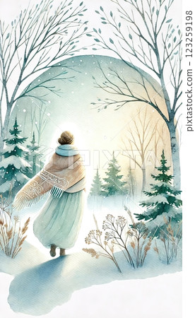 A woman in a shawl walks through a snowy forest towards a glowing light, surrounded by trees and winter plants. Generated AI. 123259198