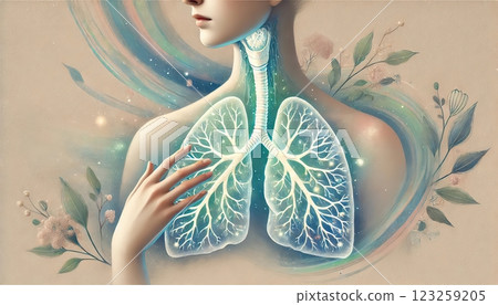 A person holding their chest with glowing lungs and trachea, symbolizing respiratory health and breath vitality. Generated AI. A person holding their chest with glowing lungs and trachea, symbolizing respiratory health and breath vitality. Generated AI. 123259205