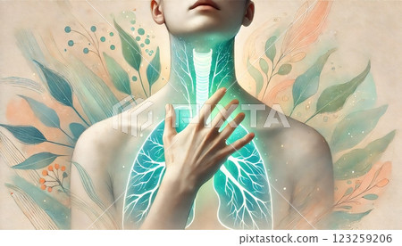 A person holding their chest with glowing lungs and trachea, symbolizing respiratory health and breath vitality. Generated AI. 123259206