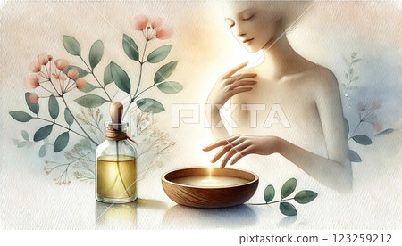 A serene woman touching a glowing liquid in a wooden bowl, with essential oil and botanical elements around. Generated AI. 123259212