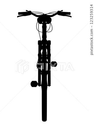 Black bicycle, front view. Black leather saddle and handles. Png clipart isolated on transparent background 123259314