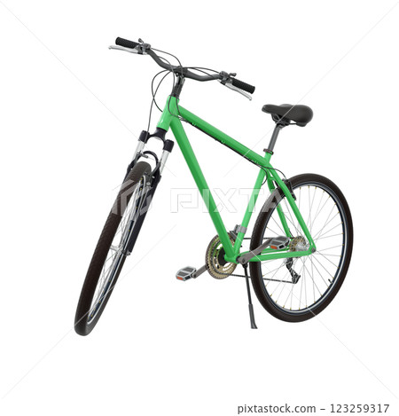 Green bicycle standing while leaning on kickstand, side front view. Bike resting on kick stand. Png clipart isolated on transparent background Green bicycle standing while leaning on kickstand, side front view. Bike resting on kick stand. Png clipart isolated on transparent background 123259317
